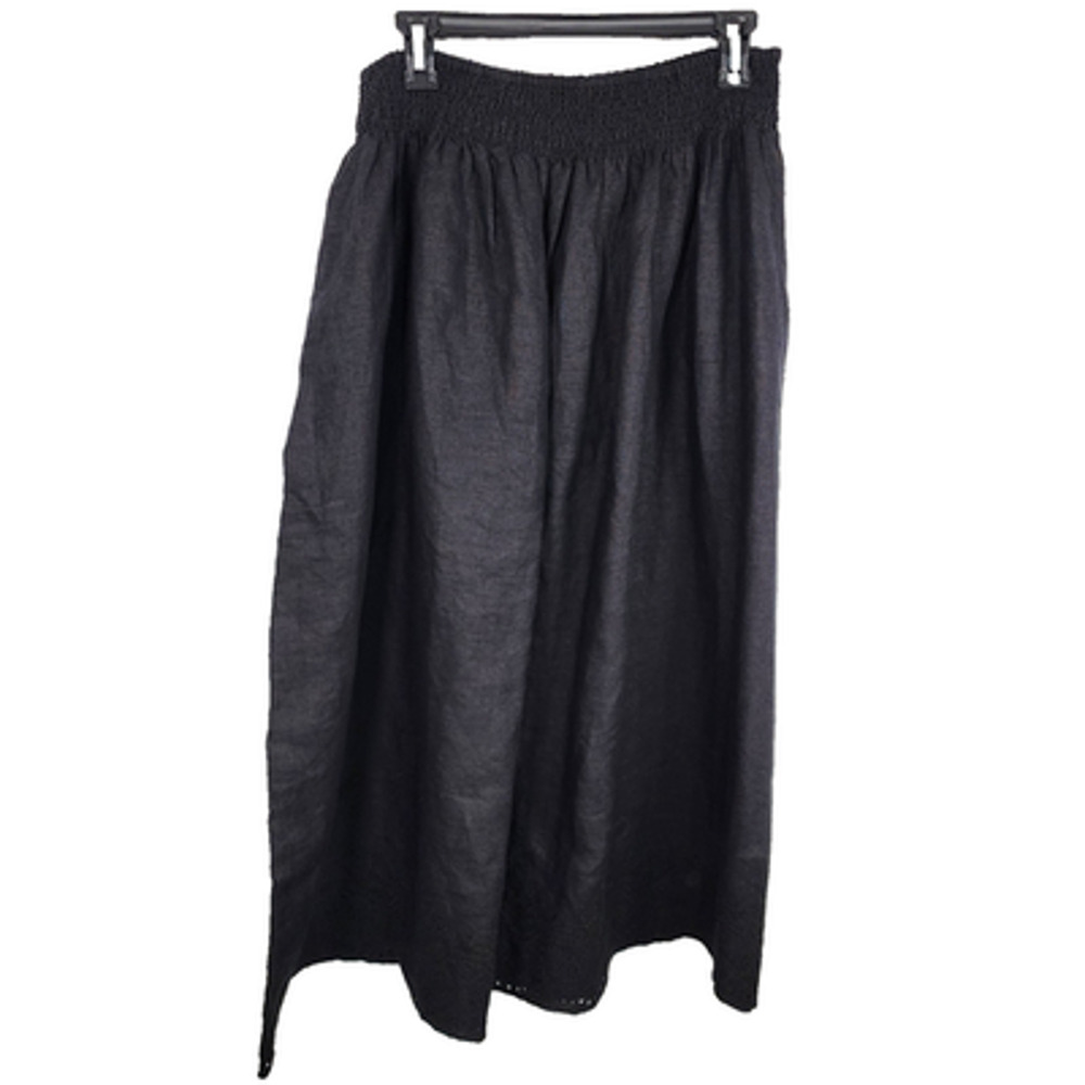 Chicos Womens Linen Embroidered Scallop Hem Midi Skirt Size 1 US 8 Black Festive